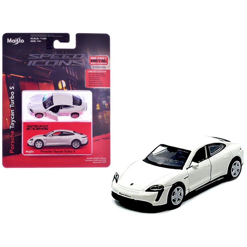 Porsche Taycan Turbo S White “Speed Icons” Series 1/64 Diecast Model Car by Maisto