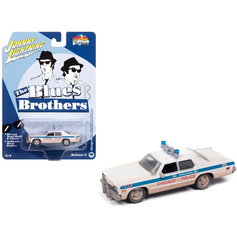 1975 Dodge Monaco “Chicago Police” White (Dirty Version) “Blues Brothers” (1980) Movie “Pop Culture” 2024 Release 2 1/64 Diecast Model Car by Johnny Lightning