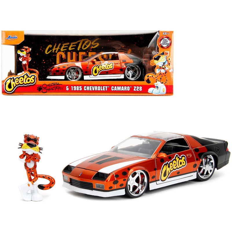 1985 Chevrolet Camaro Z/28 Orange Metallic with Graphics and Chester Cheetah Diecast Figure “Cheetos” “Hollywood Rides” Series 1/24 Diecast Model Car by Jada