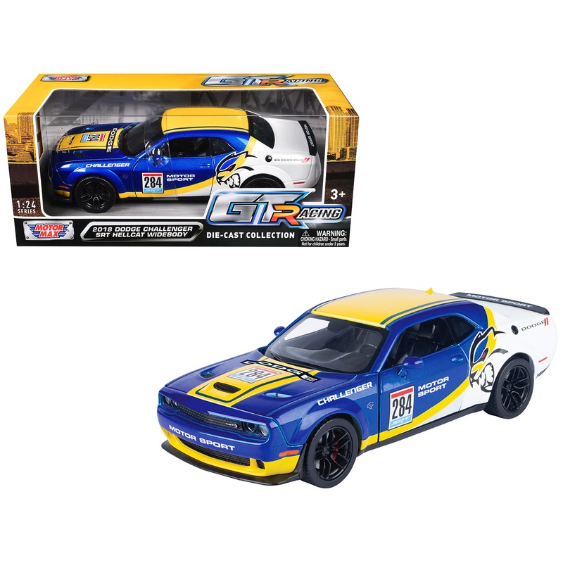 2018 Dodge Challenger SRT Hellcat Widebody #284 Blue Metallic and White with Yellow Graphics “GT Racing” Series 1/24 Diecast Model Car by Motormax