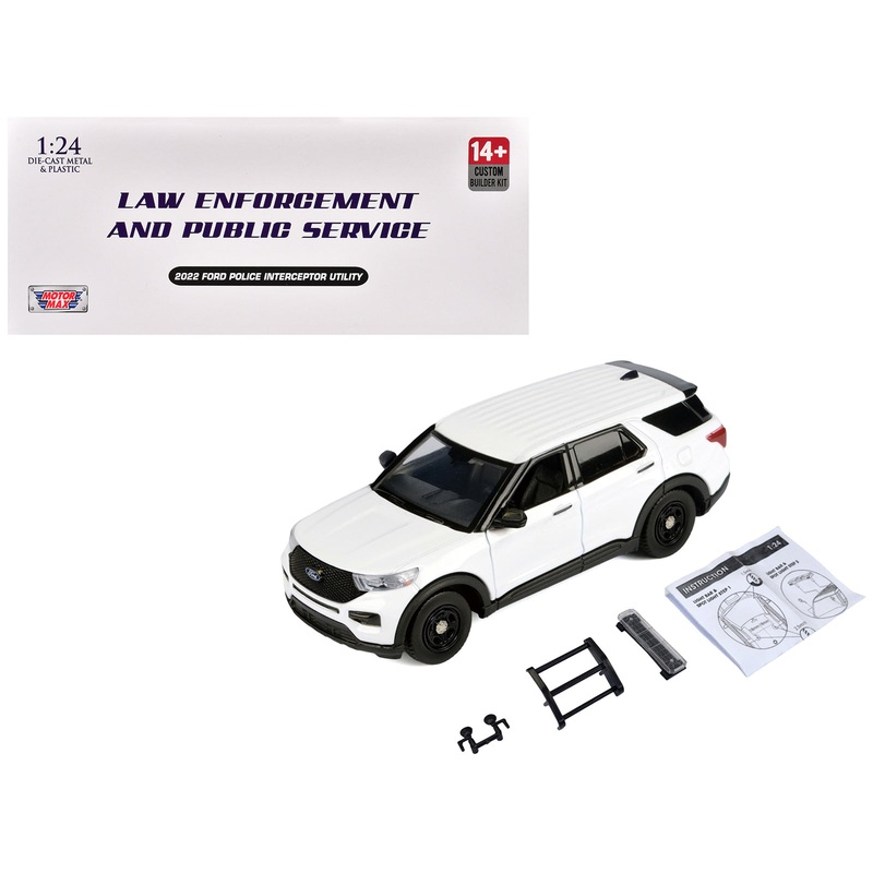 2022 Ford Police Interceptor Utility Unmarked White “Builder’s Kit” “Law Enforcement and Public Service” Series 1/24 Diecast Model Car by Motormax