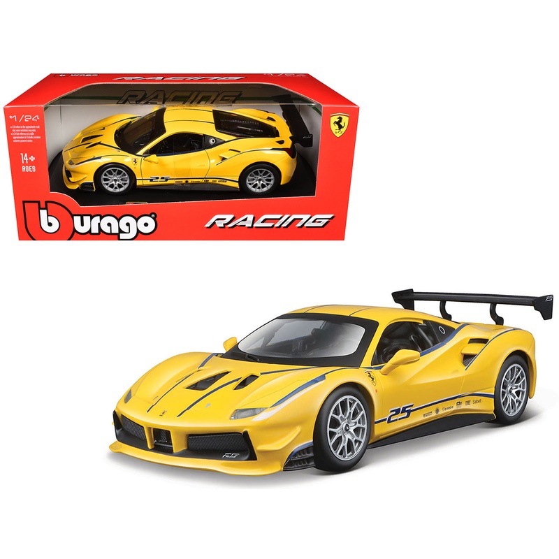 Ferrari 488 Challenge #25 Yellow with Blue Stripes “Ferrari Racing” 1/24 Diecast Model Car by Bburago