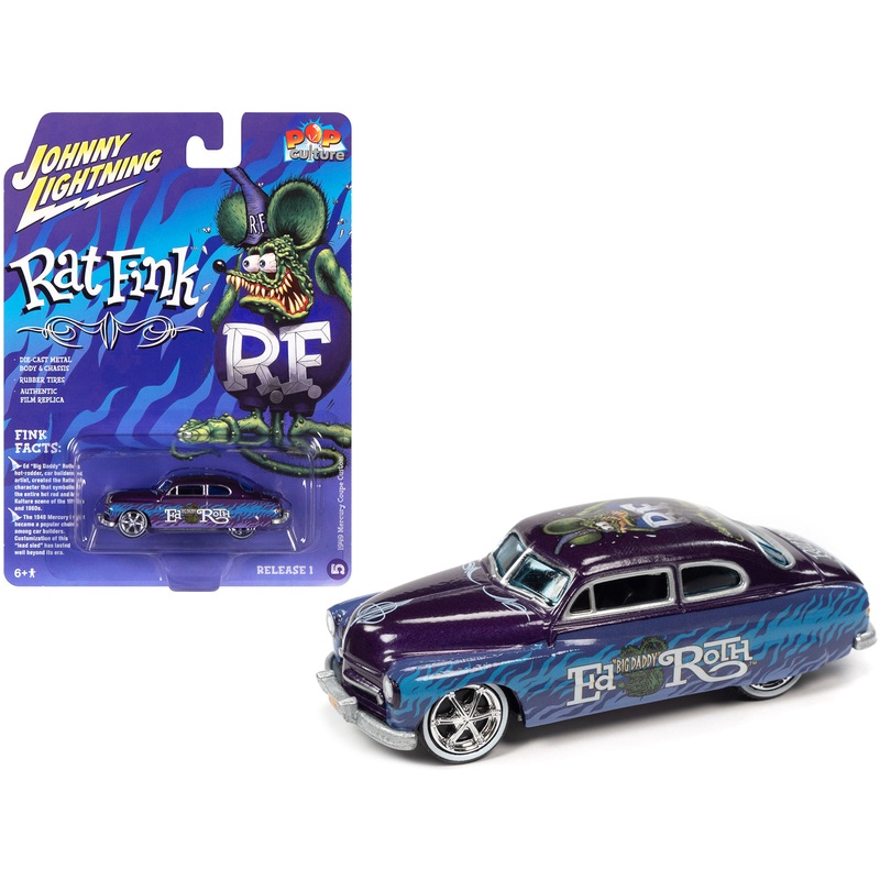 1949 Mercury Coupe Custom Purple Metallic with Graphics “Rat Fink” “Pop Culture” 2022 Release 1 1/64 Diecast Model Car by Johnny Lightning