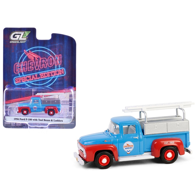 1956 Ford F-100 Pickup Truck with Tool Boxes and Ladders “Chevron” Blue and Red “Chevron Special Edition” Series 1 1/64 Diecast Model Car by Greenlight