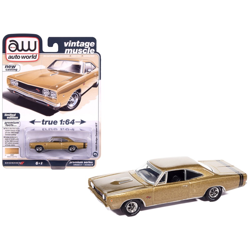 1968 Dodge Coronet R/T Medium Gold Metallic “Vintage Muscle” Series 1/64 Diecast Model Car by Auto World