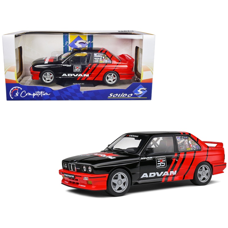 1990 BMW E30 M3 Black and Red with Graphics “ADVAN Drift Team” “Competition” Series 1/18 Diecast Model Car by Solido