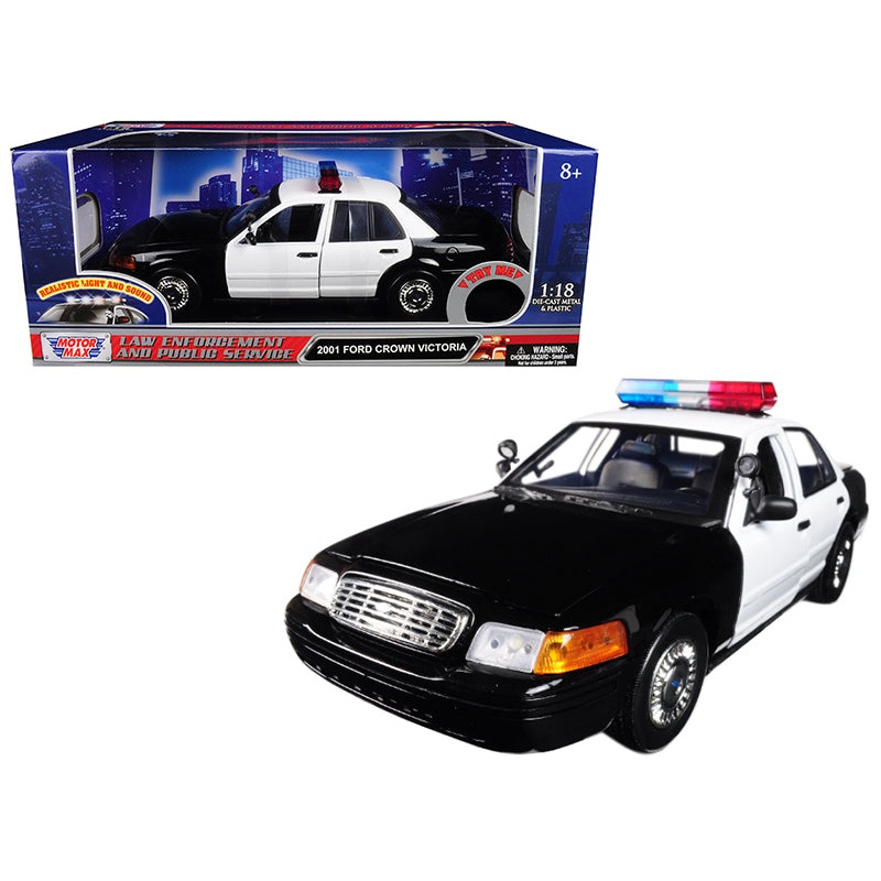 2001 Ford Crown Victoria Police Car Plain Black & White with Flashing Light Bar & Front and Rear Lights and Sound 1/18 Diecast Model Car by Motormax