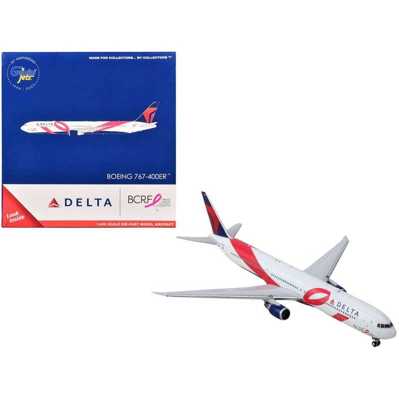 Boeing 767-400ER Commercial Aircraft “Delta Air Lines – Breast Cancer Research Foundation” (N845MH) White with Ribbon Graphics and Red and Blue Tail 1/400 Diecast Model Airplane by GeminiJets