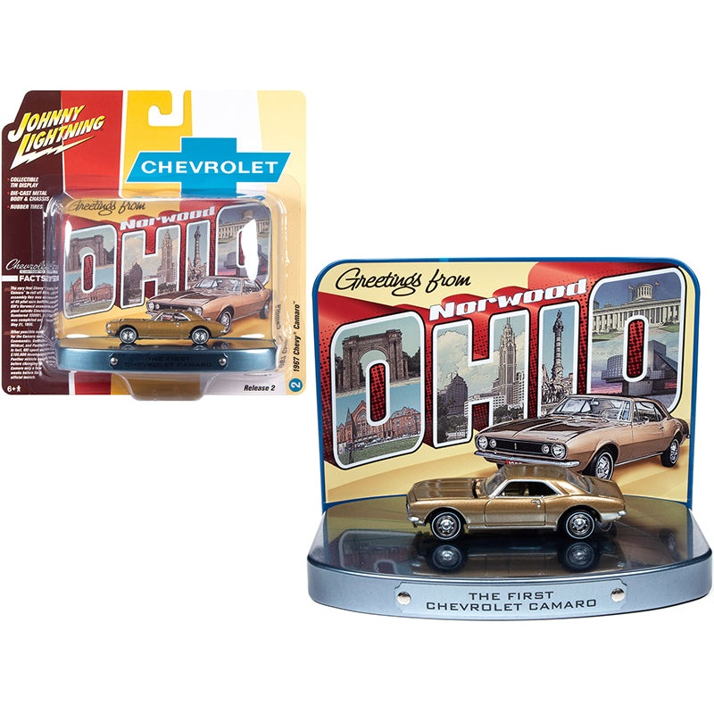 1967 Chevrolet Camaro Gold with Gold Interior with Collectible Tin Display “The First Chevrolet Camaro” “Greetings from Norwood – Birth Place of the Camaro” 1/64 Diecast Model Car by Johnny Lightning