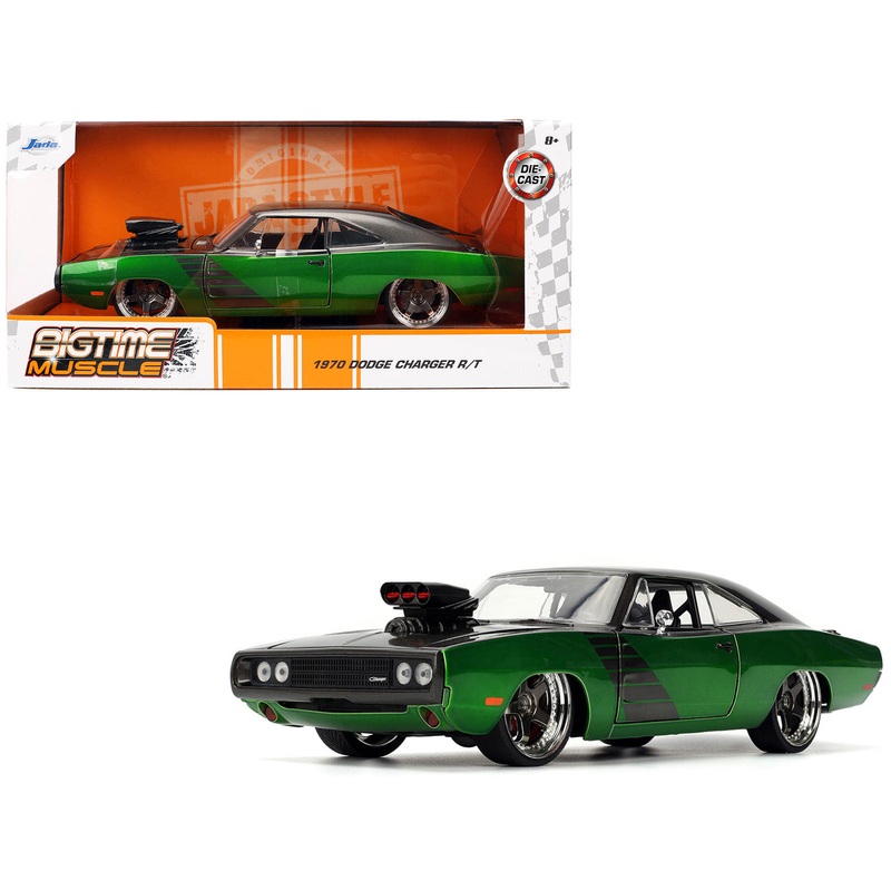 1970 Dodge Charger R/T Dark Gray Metallic and Green Metallic with Dark Gray Stripes “Bigtime Muscle” Series 1/24 Diecast Model Car by Jada