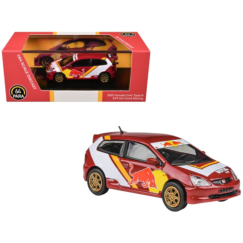 2001 Honda Civic Type R EP3 “No Good Racing” Red and White with Graphics 1/64 Diecast Model Car by Paragon Models