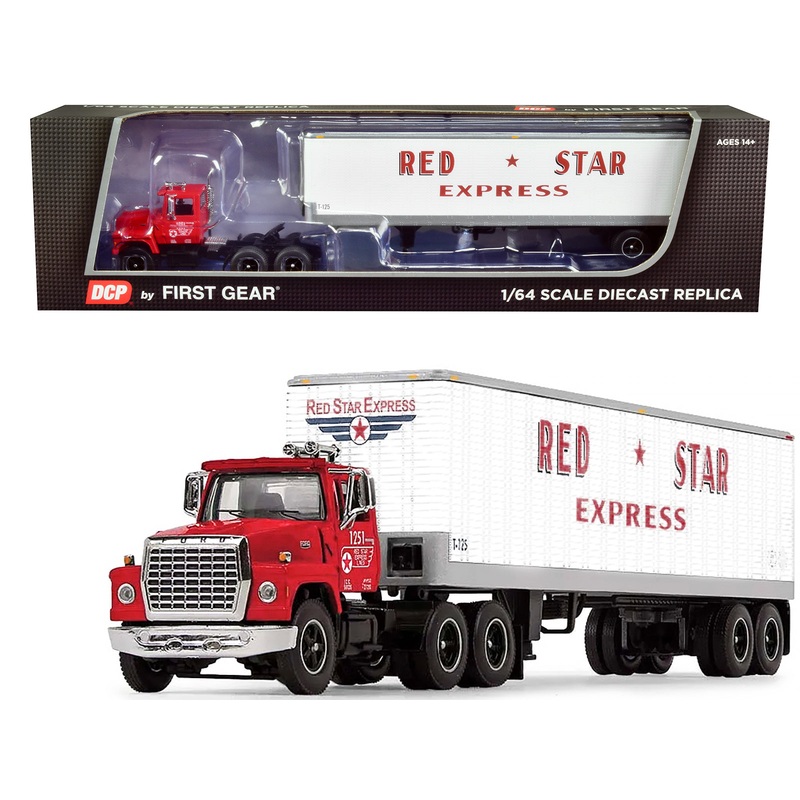 Ford LT-9000 Day Cab with Vintage 40′ Dry Goods Tandem-Axle Trailer Red and White “Red Star Express” 1/64 Diecast Model by DCP/First Gear