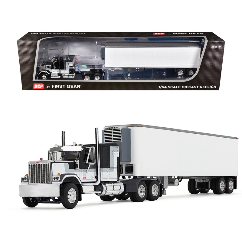 GMC General with 60″ Flat Top Sleeper and 40′ Vintage Refrigerated Trailer Black with Gray and White Stripes 1/64 Diecast Model by DCP/First Gear