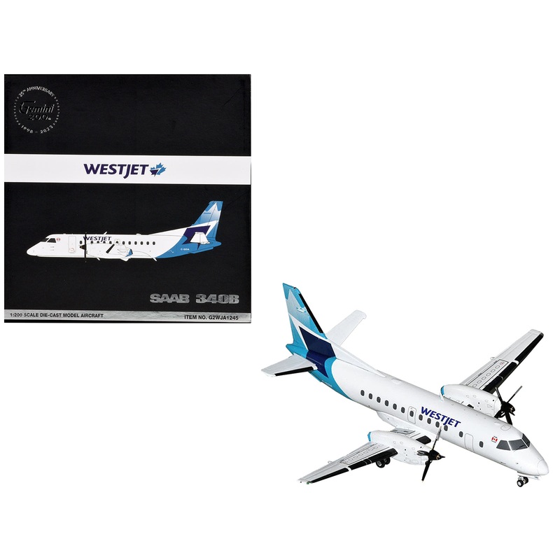 Saab 340B Commercial Aircraft “WestJet” (C-GOIA) White with Blue Stripes and Tail “Gemini 200” Series 1/200 Diecast Model Airplane by GeminiJets