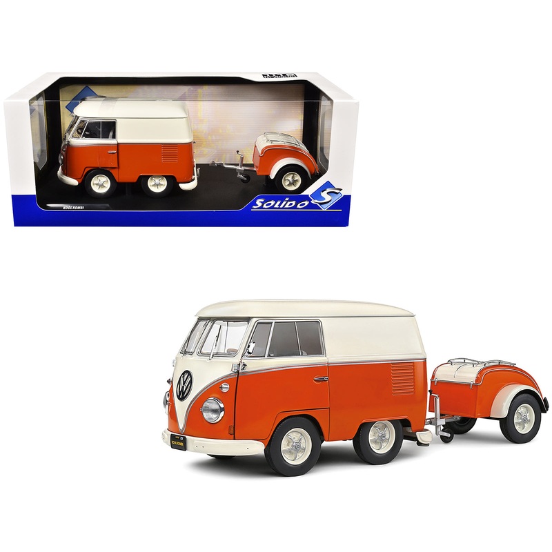 1950 Volkswagen Kool Kombi Van with Trailer Orange and White 1/18 Diecast Model Car by Solido