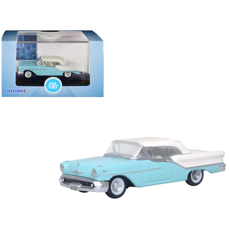 1957 Oldsmobile 88 Convertible (Top-Up) Banff Blue and Alcan White with White 1/87 (HO) Scale Diecast Model Car by Oxford Diecast