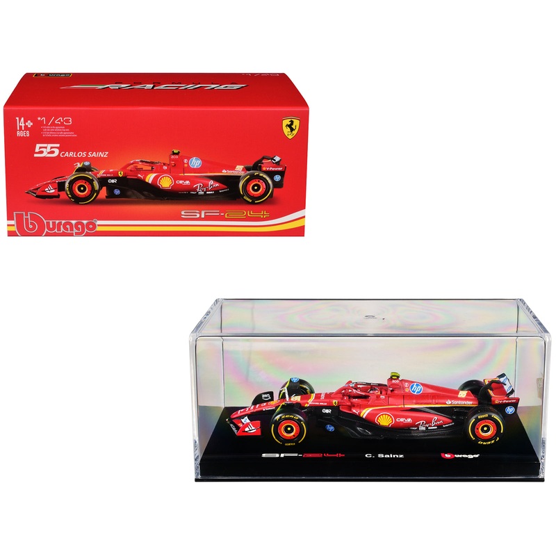 Ferrari SF-24 #55 Carlos Sainz “Formula One F1 World Championship” (2024) with Display Case “Formula Racing” Series 1/43 Diecast Model Car by Bburago