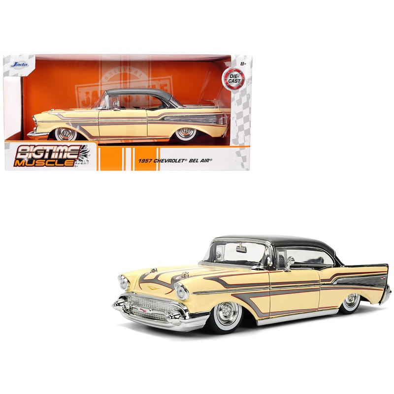 1957 Chevrolet Bel Air Cream with Graphics and Gray Metallic Top “Bigtime Muscle” Series 1/24 Diecast Model Car by Jada