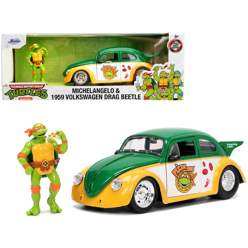 1959 Volkswagen Drag Beetle Green and Yellow and Michelangelo Diecast Figure “Teenage Mutant Ninja Turtles” “Hollywood Rides” Series 1/24 Diecast Model Car by Jada