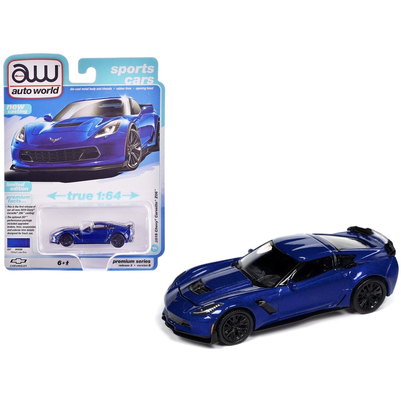 2019 Chevrolet Corvette Z06 Elkhart Lake Blue Metallic “Sports Cars” Series 1/64 Diecast Model Car by Auto World