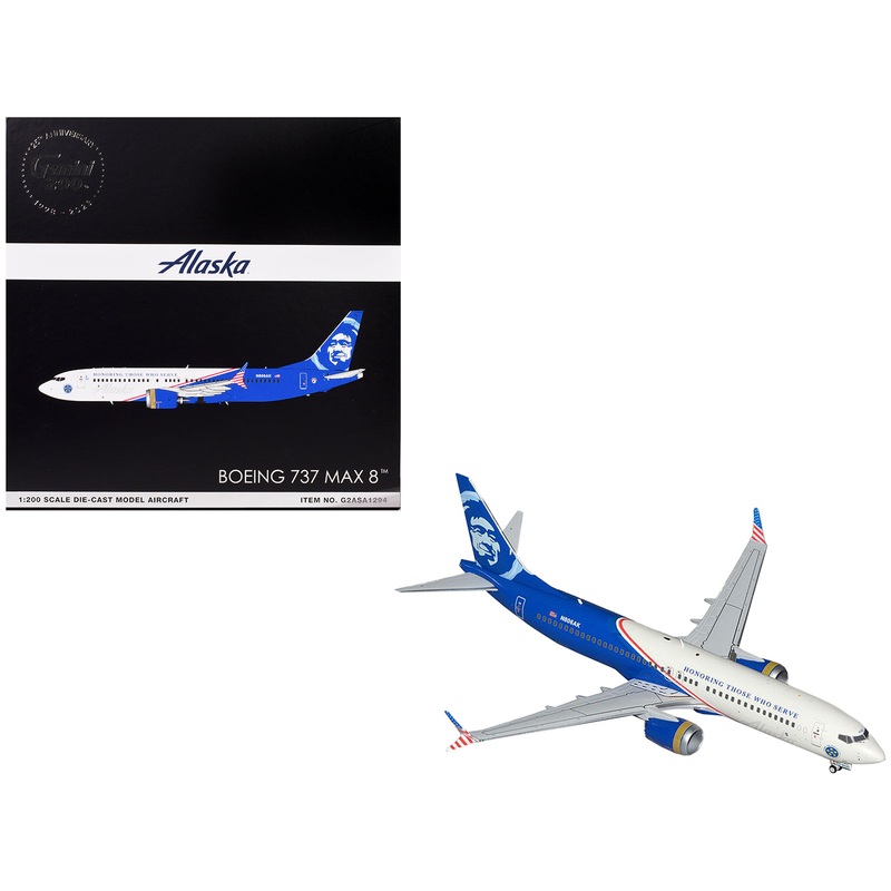 Boeing 737 MAX 8 Commercial Aircraft “Alaska Airlines – Honoring Those Who Serve” (N806AK) White and Blue “Gemini 200” Series 1/200 Diecast Model Airplane by GeminiJets