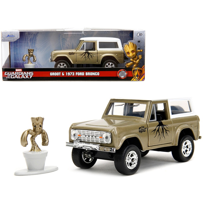 1973 Ford Bronco Gold Metallic with White Top and Groot Diecast Figure “Guardians of the Galaxy” “Marvel” Series 1/32 Diecast Model Car by Jada