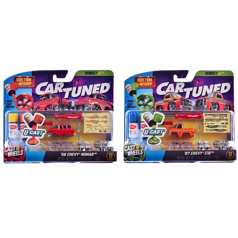 1987 Chevrolet C10 Pickup Truck Orange and 1956 Chevrolet Nomad Red “Custom Shop” 2 Car Set Diecast Model Cars by CarTuned