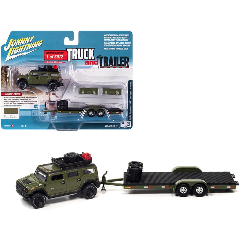 2004 Hummer H2 Medium Sage Green with Open Trailer Limited Edition to 6012 pieces Worldwide “Truck and Trailer” Series 1/64 Diecast Model Car by Johnny Lightning