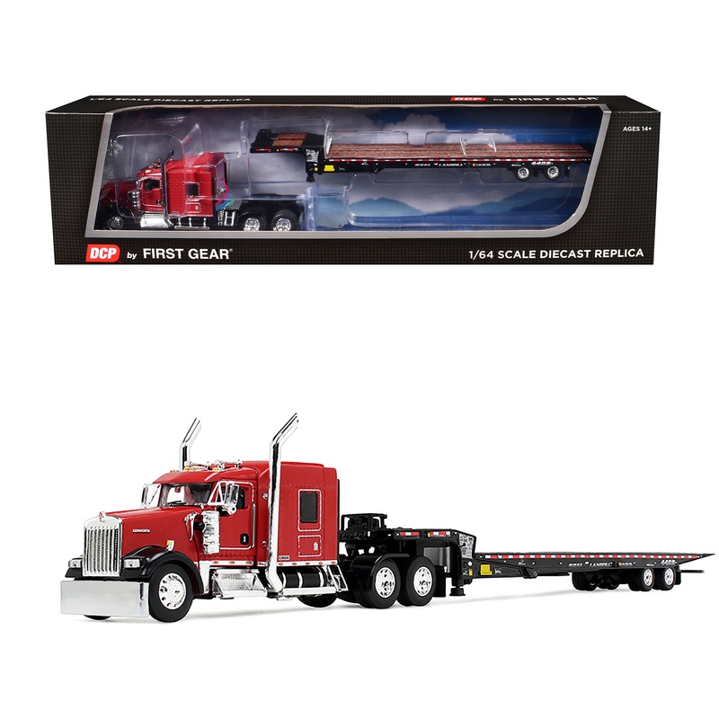 Kenworth W900L with 72″ AeroCab Sleeper and Landoll 440B50CA Traveling Axle Trailer Viper Red and Black 1/64 Diecast Model by DCP/First Gear