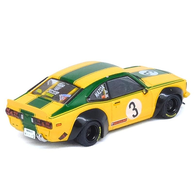 Mazda RX-3 Liberty Walk RHD (Right Hand Drive) #3 “Savanna” Yellow with Green Stripes 1/64 Diecast Model Car by Inno Models