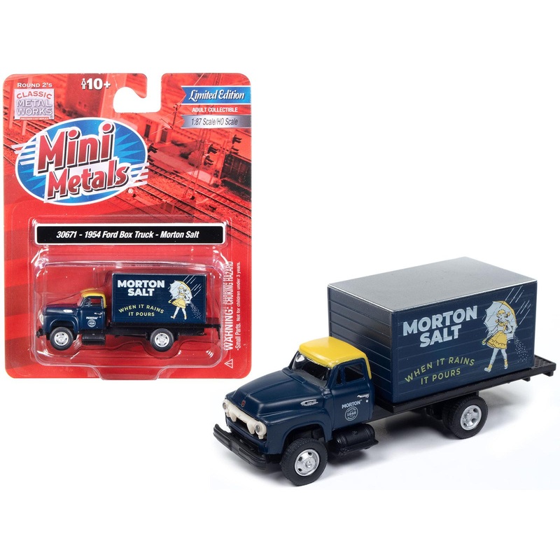 1954 Ford Box Truck Dark Blue with Yellow Top “Morton Salt” “Mini Metals” Series 1/87 (HO) Scale Model Car by Classic Metal Works