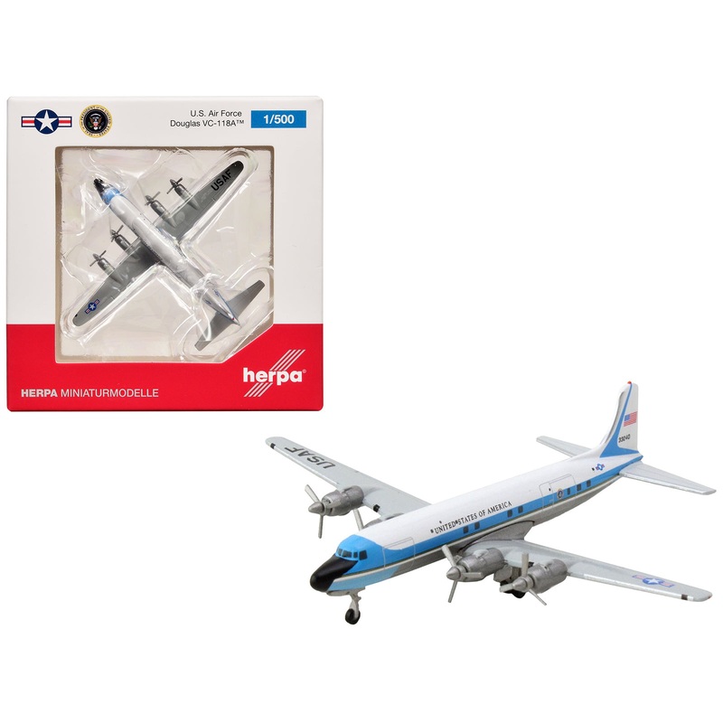 Douglas VC-118A Transport Aircraft “United States Air Force One 1254th Air Transport Wing Andrews Air Base” (53-3240) White with Blue Stripes 1/500 Diecast Model Airplane by Herpa