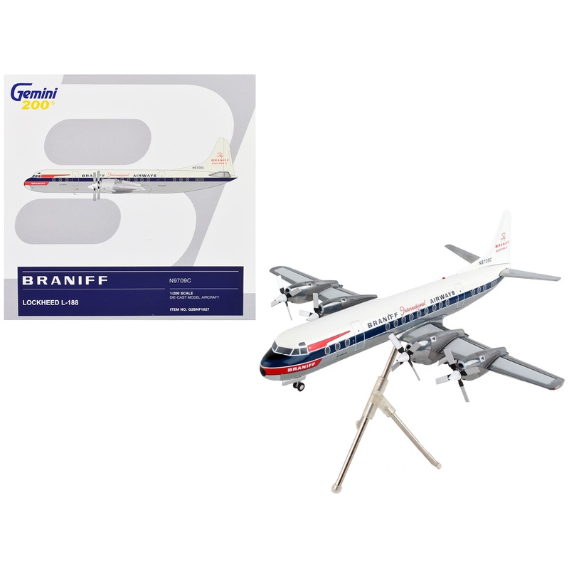 Lockheed L-188 Electra Commercial Aircraft “Braniff International Airways” White with Blue Stripes “Gemini 200” Series 1/200 Diecast Model Airplane by GeminiJets