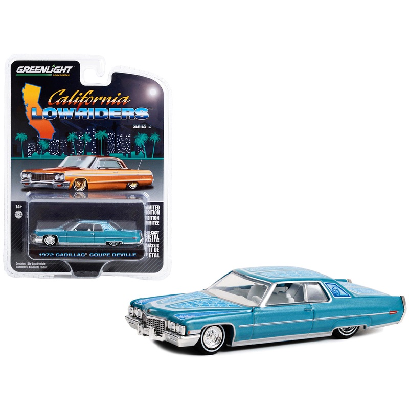 1972 Cadillac Coupe DeVille Custom Light Blue Metallic with White Interior and Graphics “California Lowriders” Series 2 1/64 Diecast Model Car by Greenlight