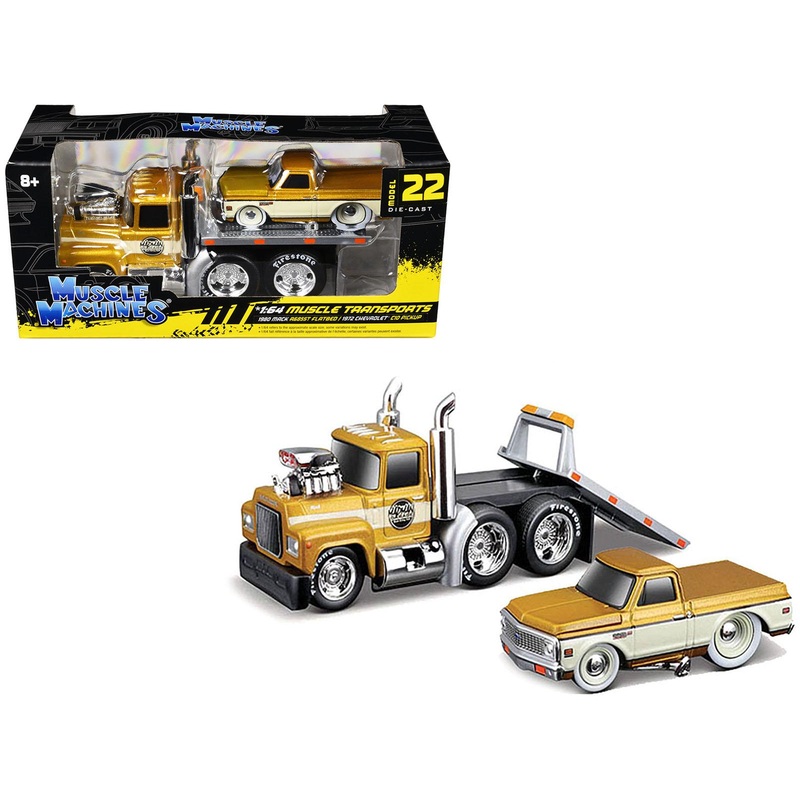 1980 Mack A685ST Flatbed Truck Gold Metallic with Beige Stripes “Madman Garage” and 1972 Chevrolet C10 Pickup Truck Gold Metallic and Beige “Muscle Transports” Series 1/64 Diecast Models by Muscle Machines