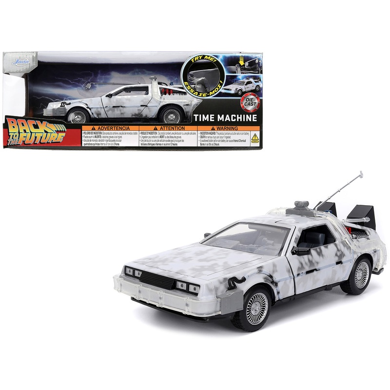 DMC DeLorean Time Machine Brushed Metal (Frost Version) with Lights “Back to the Future” (1985) Movie “Hollywood Rides” Series 1/24 Diecast Model Car by Jada