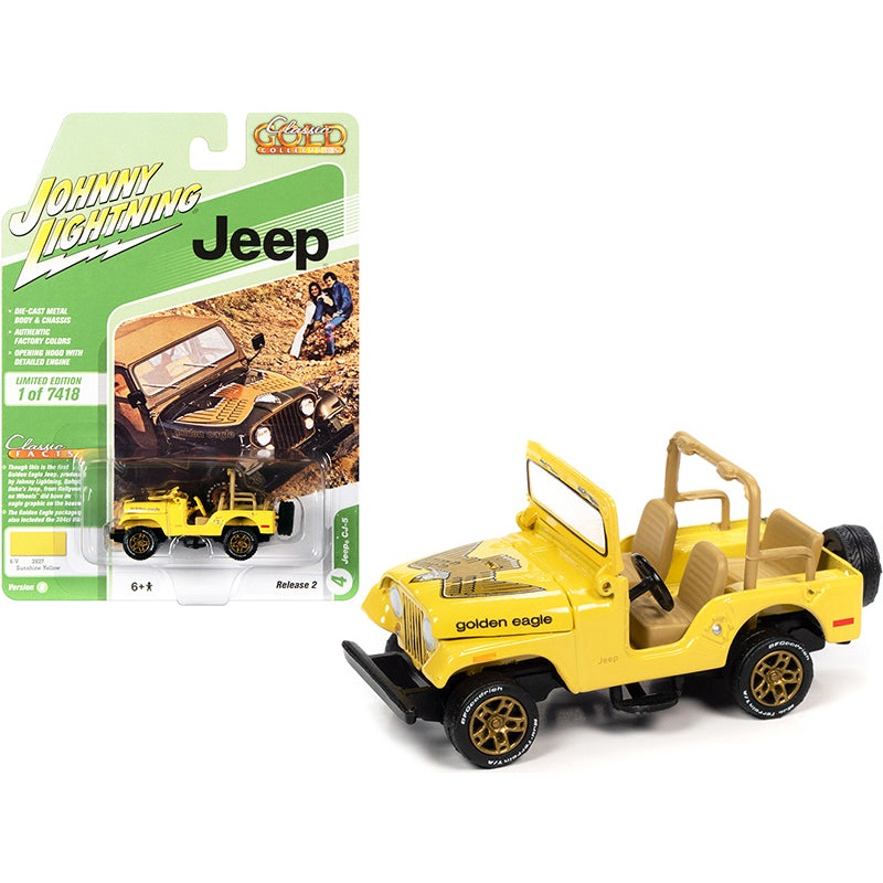 Jeep CJ-5 Sunshine Yellow with Golden Eagle Graphics “Classic Gold Collection” Limited Edition to 7418 pieces Worldwide 1/64 Diecast Model Car by Johnny Lightning