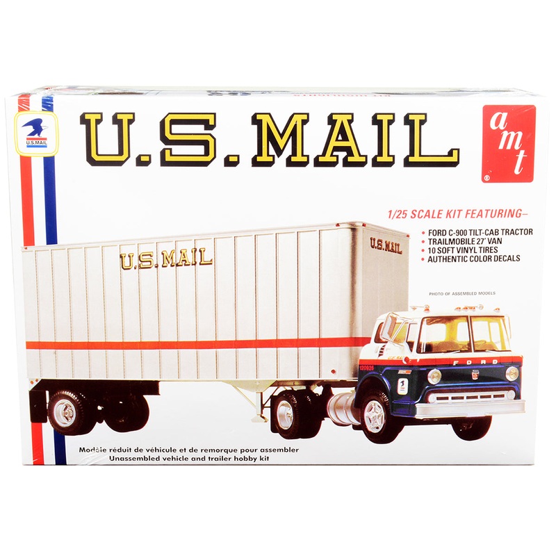 Skill 3 Model Kit Ford C900 Truck Tractor with Trailer “U.S. Mail” 1/25 Scale Model by AMT