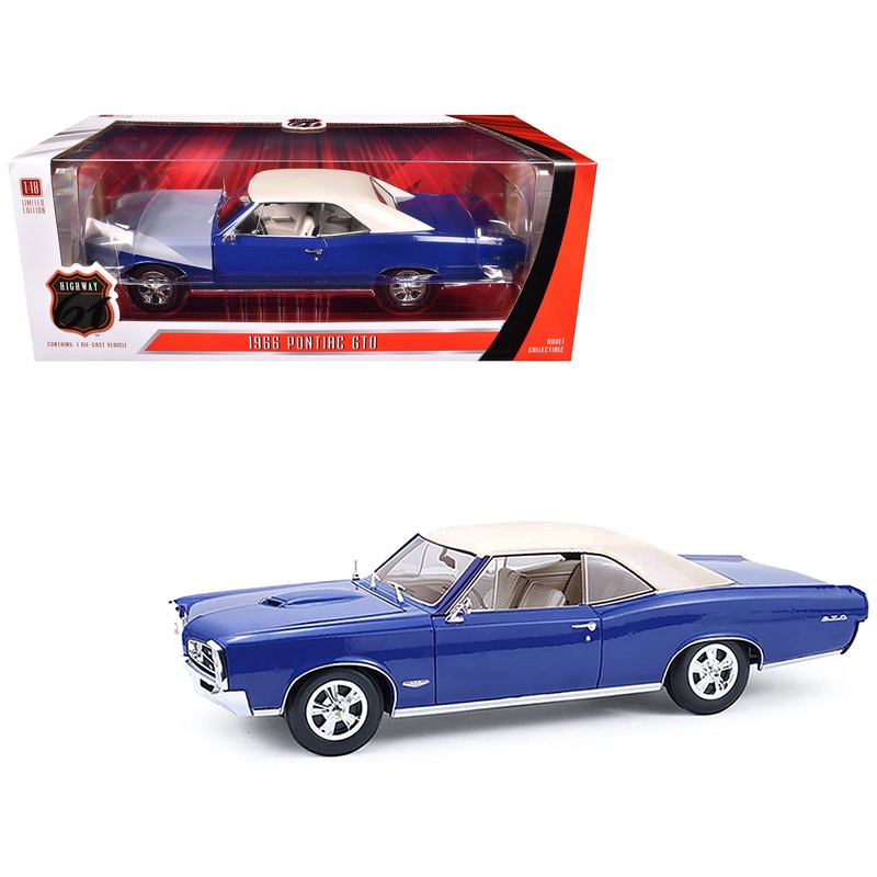 1966 Pontiac GTO Barrier Blue with White Top and Interior 1/18 Diecast Model Car by Highway 61