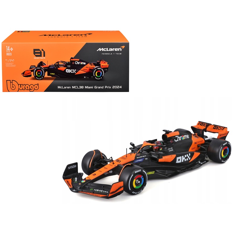 McLaren MCL38 #81 Oscar Piastri “OKX” Formula One F1 “Miami GP” (2024) with Display Case 1/24 Diecast Model Car by Bburago