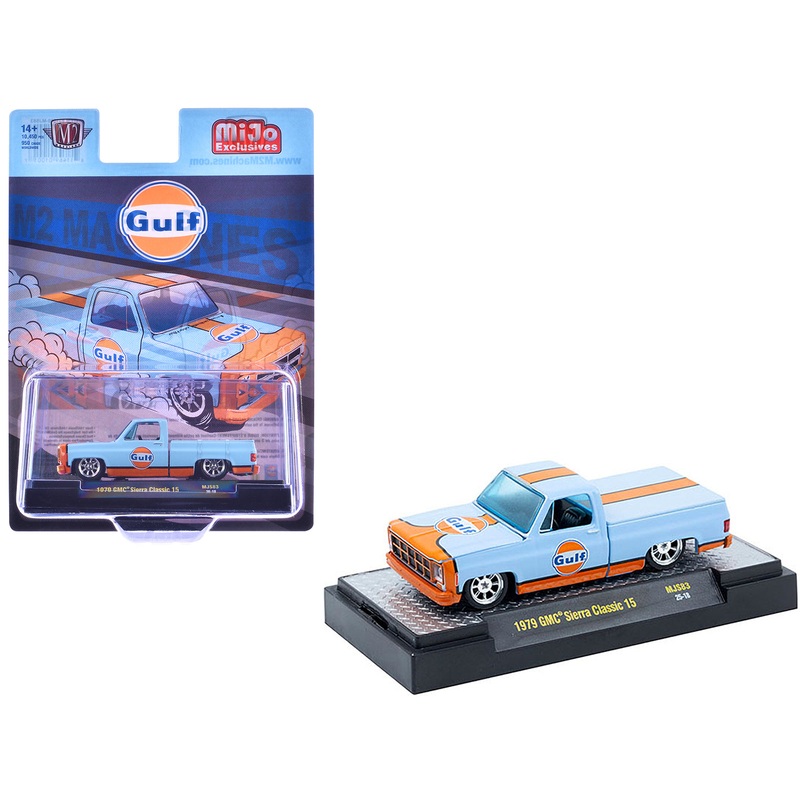 1979 GMC Sierra Classic 15 Pickup Truck “Gulf Oil” Light Blue with Orange Stripe Limited Edition to 10450 pieces Worldwide 1/64 Diecast Model Car by M2 Machines