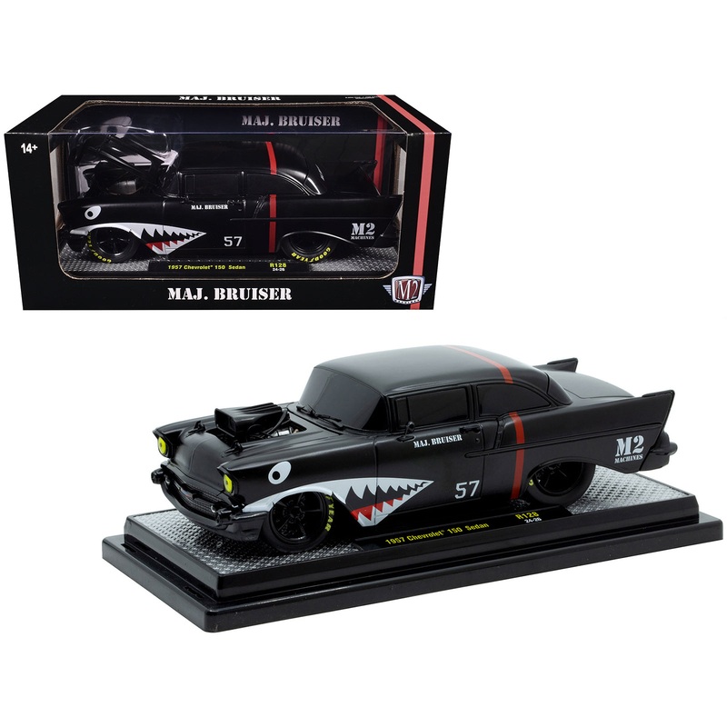 1957 Chevrolet 150 Sedan “Maj. Bruiser” Matt Black with Red Stripe and Shark Mouth Graphics Limited Edition to 6650 pieces Worldwide 1/24 Diecast Model Car by M2 Machines