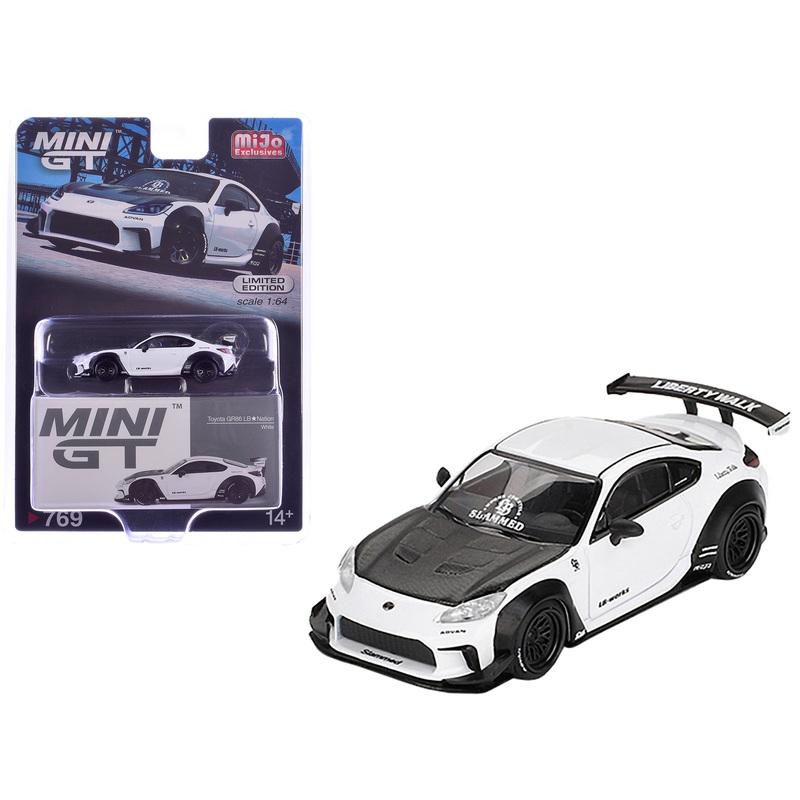 Toyota GR86 “LB-Nation – Liberty Walk” White with Carbon Hood Limited Edition 1/64 Diecast Model Car by Mini GT