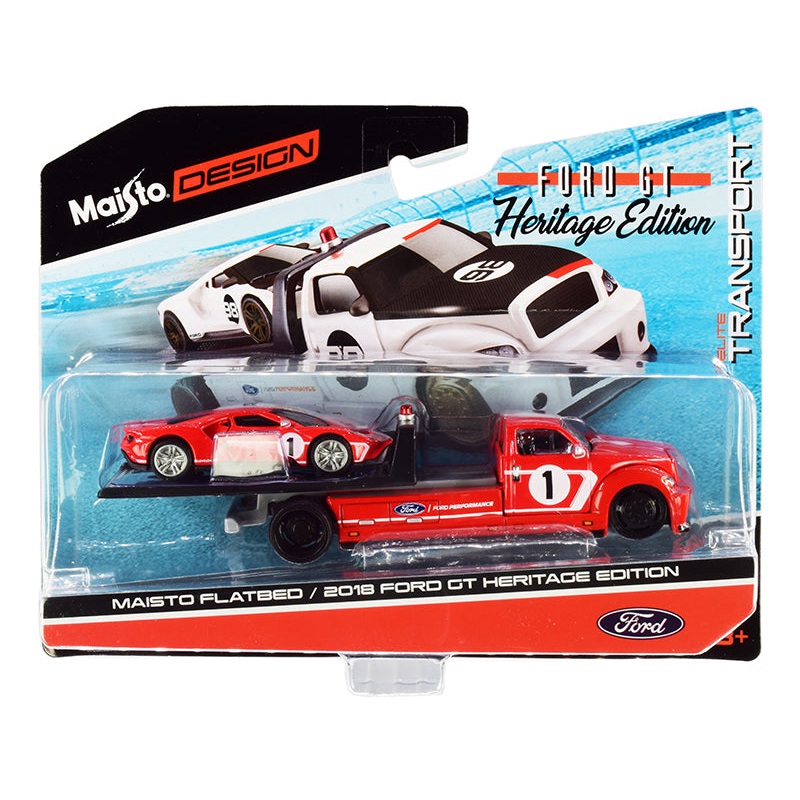 2018 Ford GT #1 Heritage Edition with Flatbed Truck Red with White Stripes “Elite Transport” Series 1/64 Diecast Model Cars by Maisto