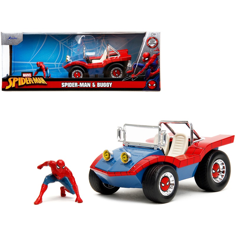 Dune Buggy Red and Blue with Graphics and Spider-Man Diecast Figure “Marvel Spider-Man” 1/24 Diecast Model Car by Jada