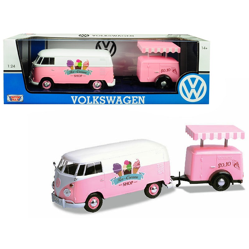 Volkswagen T1 Delivery Van with Ice-Cream Trailer Pink and White “Ice-Cream Shop” 1/24 Diecast Model Car by Motormax