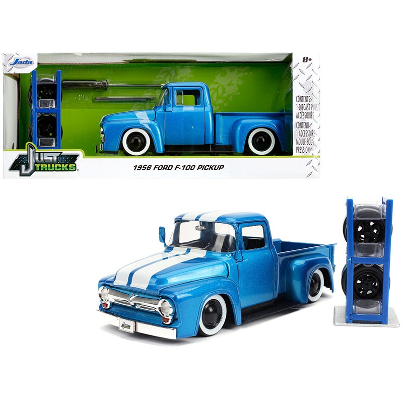 1956 Ford F-100 Pickup Truck Blue Metallic with White Stripes and Extra Wheels “Just Trucks” Series 1/24 Diecast Model Car by Jada