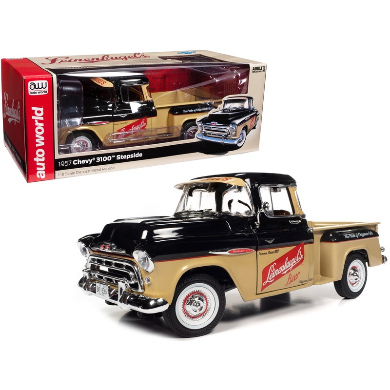 1957 Chevrolet 3100 Stepside Pickup Truck Black and Tan with Graphics “Leinenkugle’s Beer The Pride of Chippewa Falls” 1/18 Diecast Model by Auto World