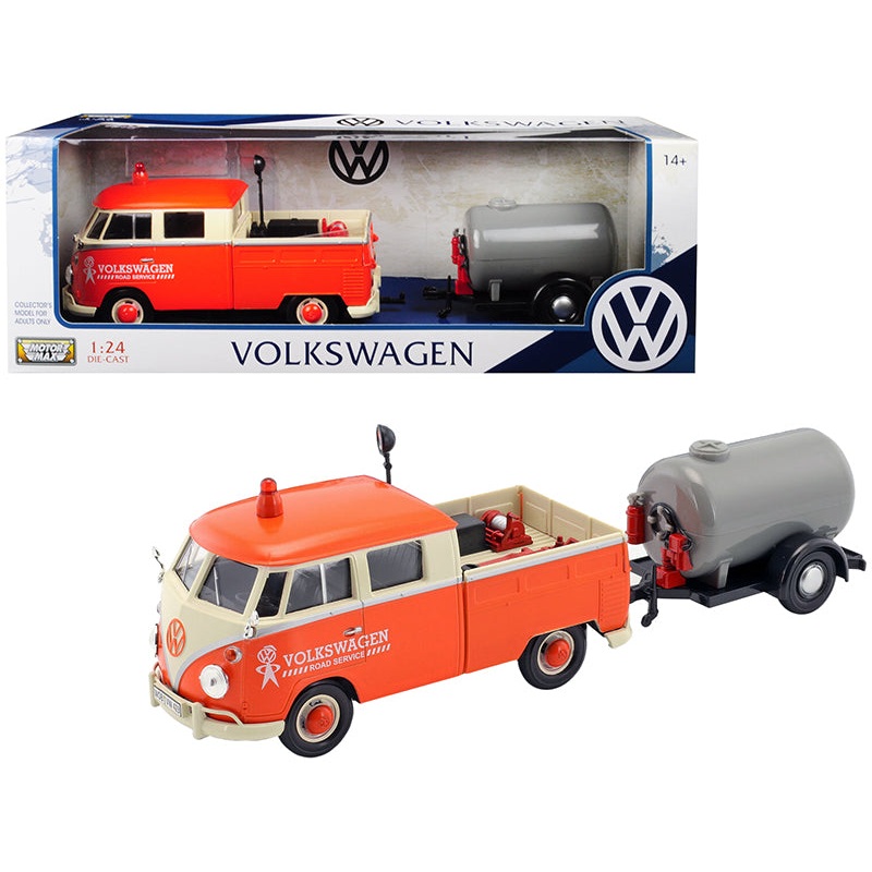 Volkswagen Type 2 (T1) Pickup Truck Orange and Cream with Oil Trailer “Road Service” 1/24 Diecast Model Car by Motormax