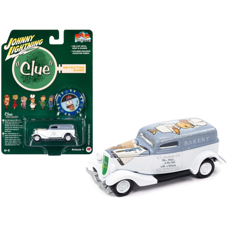 1933 Ford Delivery Van White with Gray Top (Mrs. White) with Poker Chip Collector’s Token “Vintage Clue” “Pop Culture” 2022 Release 4 1/64 Diecast Model Car by Johnny Lightning